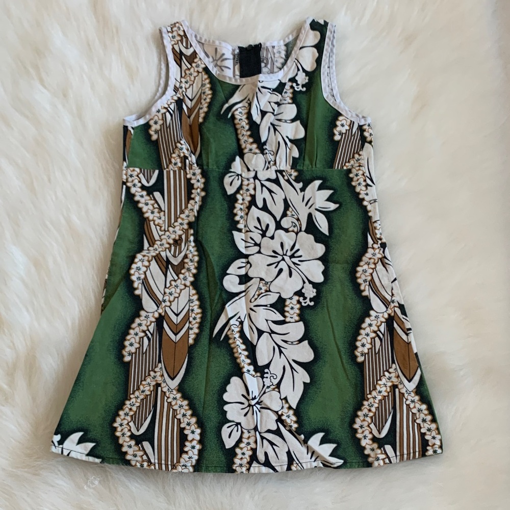 Hawaiian Dress Tropical Green and White Kids Dress 100% Cotton